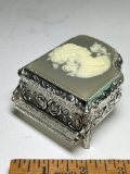 Silver Tone Piano Music Box with Blue Velvet Interior and Woman Silhouette Top Made in Japan
