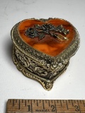 Gold Heart Shaped Music Box with Embossed Floral Design & Gold Velvet Interior Made in Japan