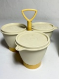 Original Vintage Tupperware Almond & Harvest Gold Condiment Caddy with 3 Lids