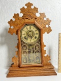 Antique Ingraham Oak Gingerbread Clock with Key - Works