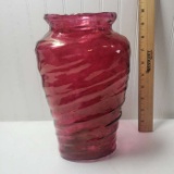 Deep Pink Triangle Shaped Blown Glass Vase