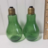Mid Century Green Glass Light Bulb Salt and Pepper Shakers with Brass Top
