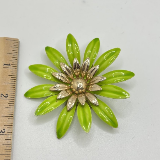 Large Sarah Coventry Green with Gold Floral Brooch - Signed on Back