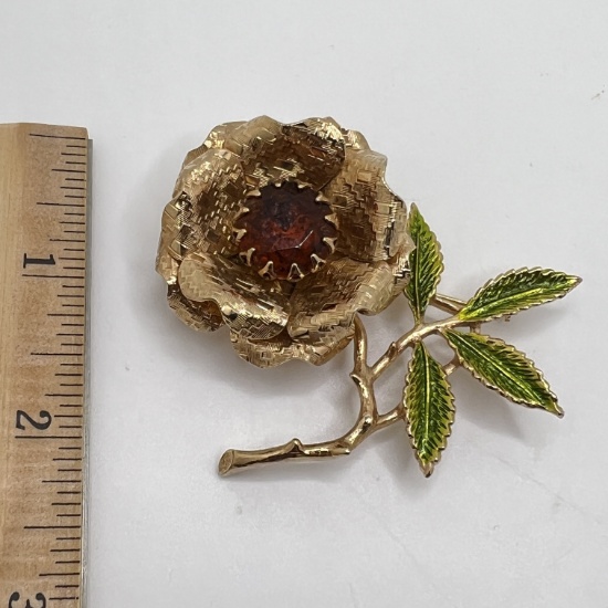 Gold Tone Signed Sarah Coventry Large Floral Brooch with Amber Stone