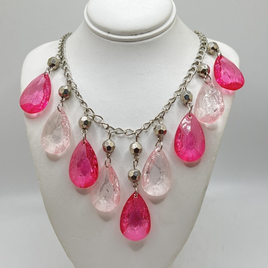 Pink Teardrop Beaded Silver Tone Necklace by Sarah Coventry