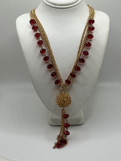 Multi-strand Gold Tone Necklace with Red Beads