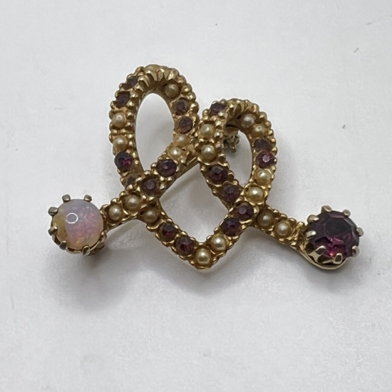 Vintage Brooch with Micro Pearls, Purple Stones & Aurora Borealis Stone