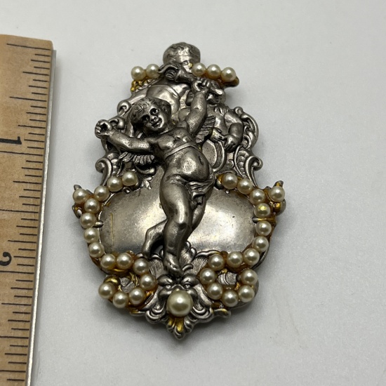 Vintage Large Silver Tone Brooch with Cherub Front and Micro Pearls