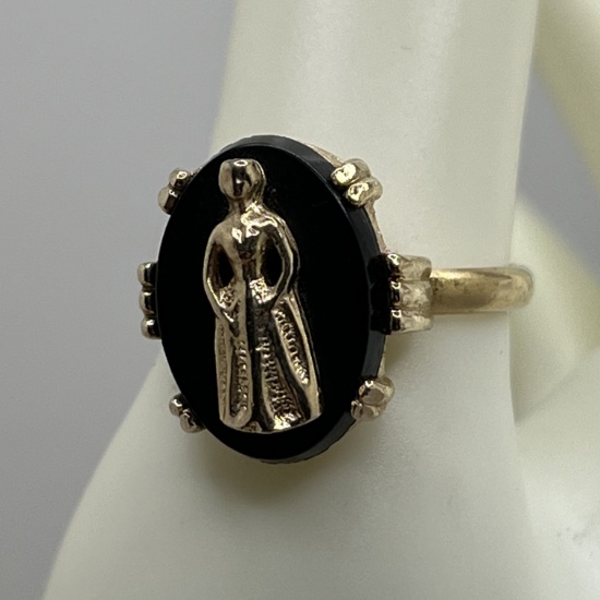 Vintage Gold Tone Onyx Adjustable Ring with Victorian Woman by Sarah Coventry