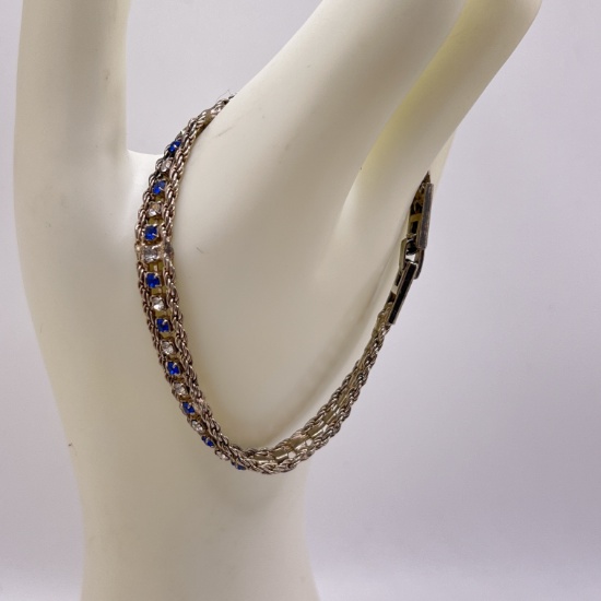 Silver Tone Bracelet with Blue & Clear Stones