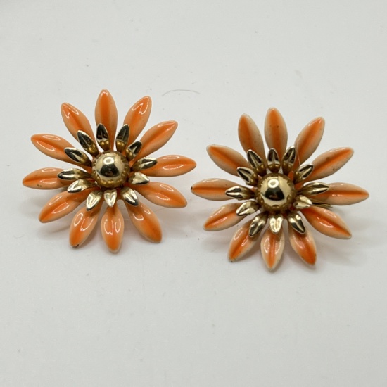 Pair of Orange Enamel & Gold Tone Flower Clip-on Earrings Signed Sarah Coventry