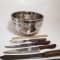 Large Stainless Bowl with 3 Prince Devonshire Utensils and 1 Antique Butcher Knife