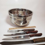 Large Stainless Bowl with 3 Prince Devonshire Utensils and 1 Antique Butcher Knife