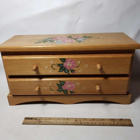 Hand Painted Floral Solid Oak Jewelry Box with 2 Drawers - Signed by Artist on Back