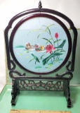 Beautiful Asian Embroidery on Silk Display on Wooden Stand with Original Box