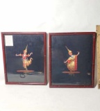 Pair of Signed Man & Woman Siamese Dancers in Tradition Costume Paintings on Fabric in Frames