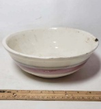Very Old Hand Thrown Dough Bowl, Pink and Gray Stripes
