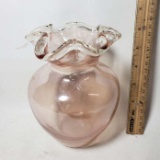 Pink Glass Vase with Clear Ruffled Top