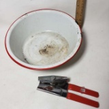 Vintage White and Red Enamel Bowl and Swing Away Can Opener