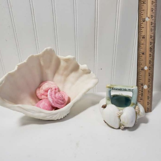 Clam Shell Dish with Rose Soaps and Shell Wishing Well