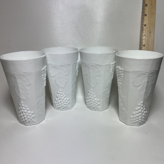 Set of 4 Indiana Milk Glass Grape Vine Embossed Tumblers