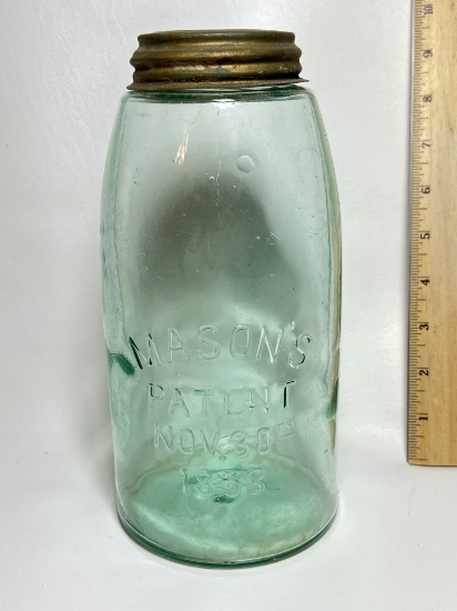 Large 9” Blue Glass Mason’s Patent Nov 30th 1858 Jar with Original Zinc Lid