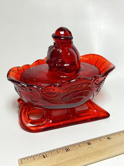 Vintage Ruby Red Westmoreland Glass Santa Sleigh with Lid