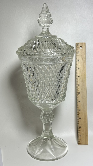 Tall Glass Pedestal Lidded Dish with Diamond Pattern