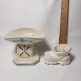 Vintage Baby Scale and Shoe Ceramic Planters
