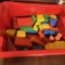 Lot of Vintage Wooden Blocks in Red Bin