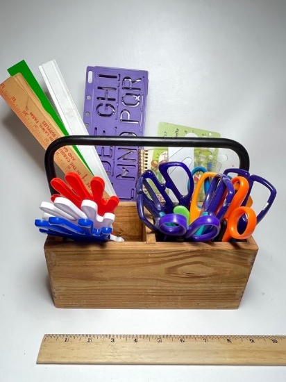 Wooden Caddy Full of Scissors, Rulers & More