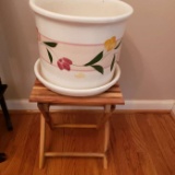 Folding Wood Plant Stand with Ceramic Planter