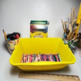 Lot of Crayons, Paint Brushes & More