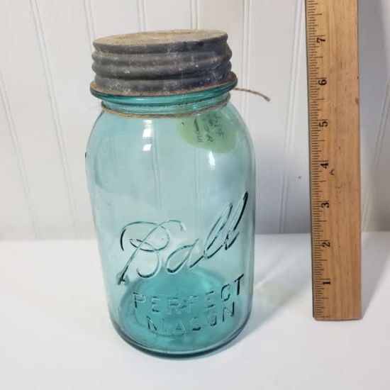 Vintage Ball Quart Size Blue Mason Jar with Zinc Lid