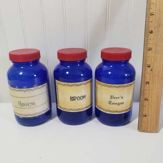 Lot of 3 Cobalt Blue Bottles with Printed Labels
