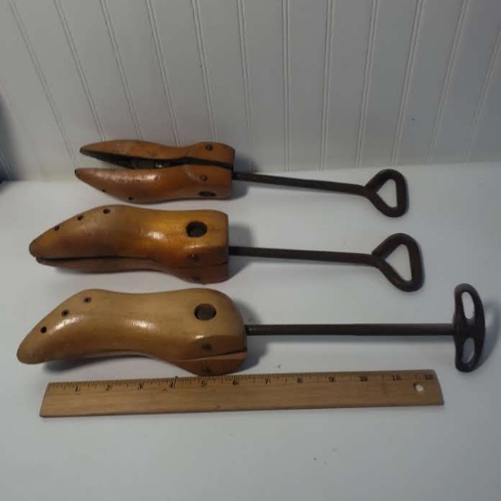 Lot of 3 Wooden Shoe Trees with Cast Iron Handles