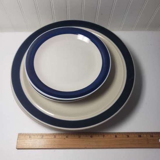 6 Cobalt Blue Rim Stoneware Dishes (3 dinner, 3 bread)
