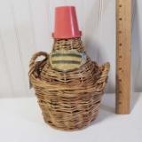 Vintage Wicker Wine Bottle Holder and Bottle From Italy