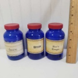 Lot of 3 Cobalt Blue Bottles with Printed Labels