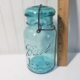 Antique Ball Ideal Blue Quart Size Mason Jar with Glass Lid and Bail Wire