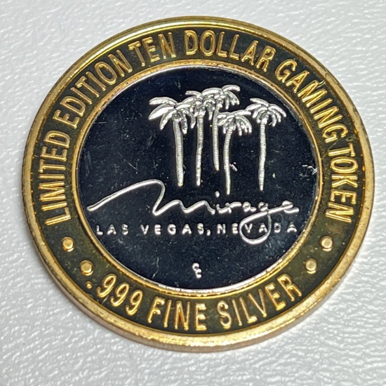 .999 Fine Silver Limited Edition $10 Las Vegas The Mirage Gaming Token with Plastic Case