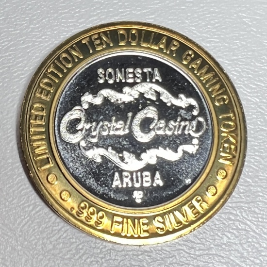 .999 Fine Silver Limited Ed Sonesta Seaport Village Aruba Crystal Casino Gaming Token w/Plastic Case