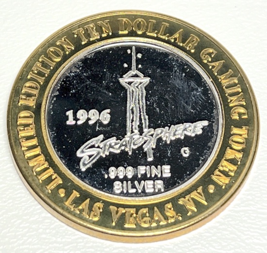 1996 Stratosphere .999 Fine Silver Opening Ceremonies Limited Edition $10 Gaming Token with Case