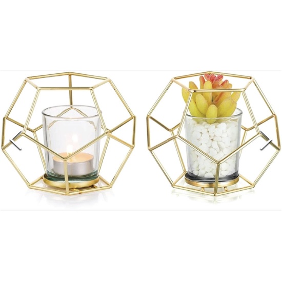 Pair of Gold Tone Geometric Hexagon Tealight Candle Holders - Great For Wedding Decor/Centerpieces