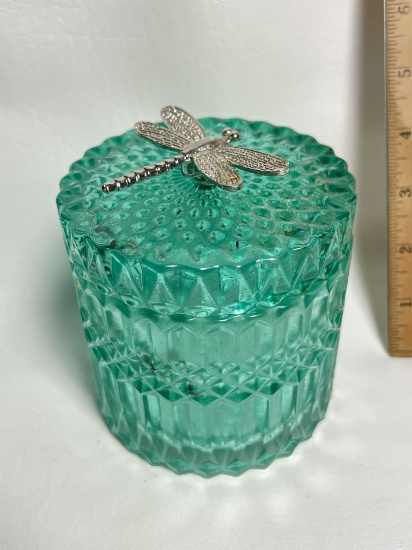 Beautiful Aqua Glass Jar with Dragonfly Finial on Lid