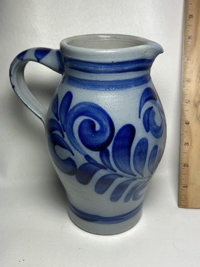 Blue Pottery Salt Glazed Pitcher Marked “77” on Side Signed Handarbeit Salzglasiert