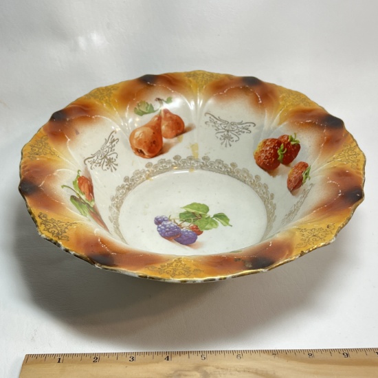 Early Royal Firenze China Bowl with Fruit Design & Gold Rim