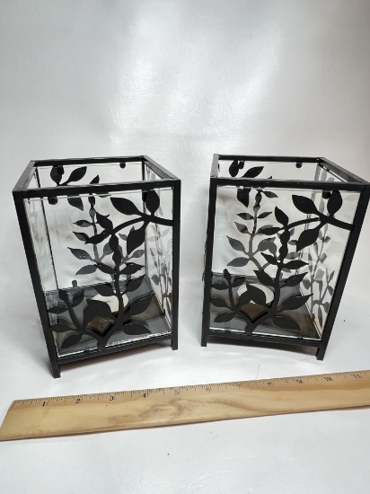 2 Pc Black Metal Rectangular Candle Holders with Vine Design