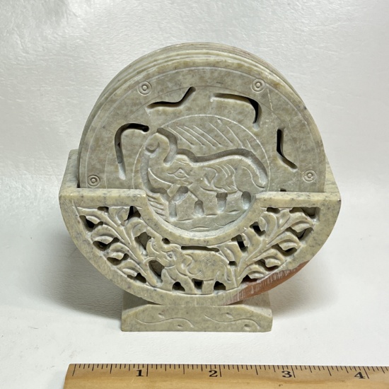 6 pc Carved Soapstone Elephant Coaster in Soapstone Base