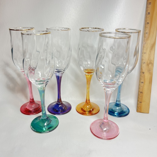 6 pc Multi Colored Stems with Gold Rims